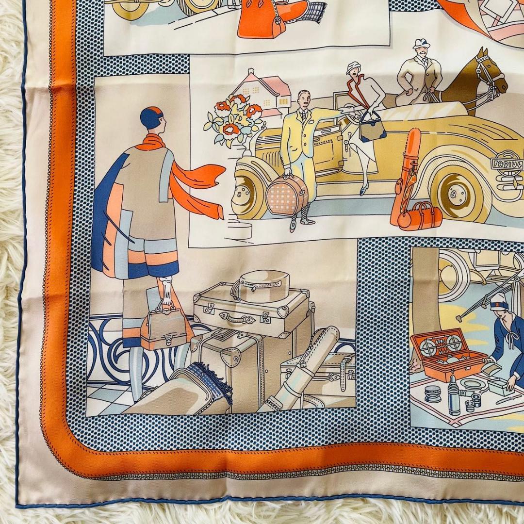 HERMES エルメス 自動車の快適　カレ65　スカーフ オレンジ系 シルク