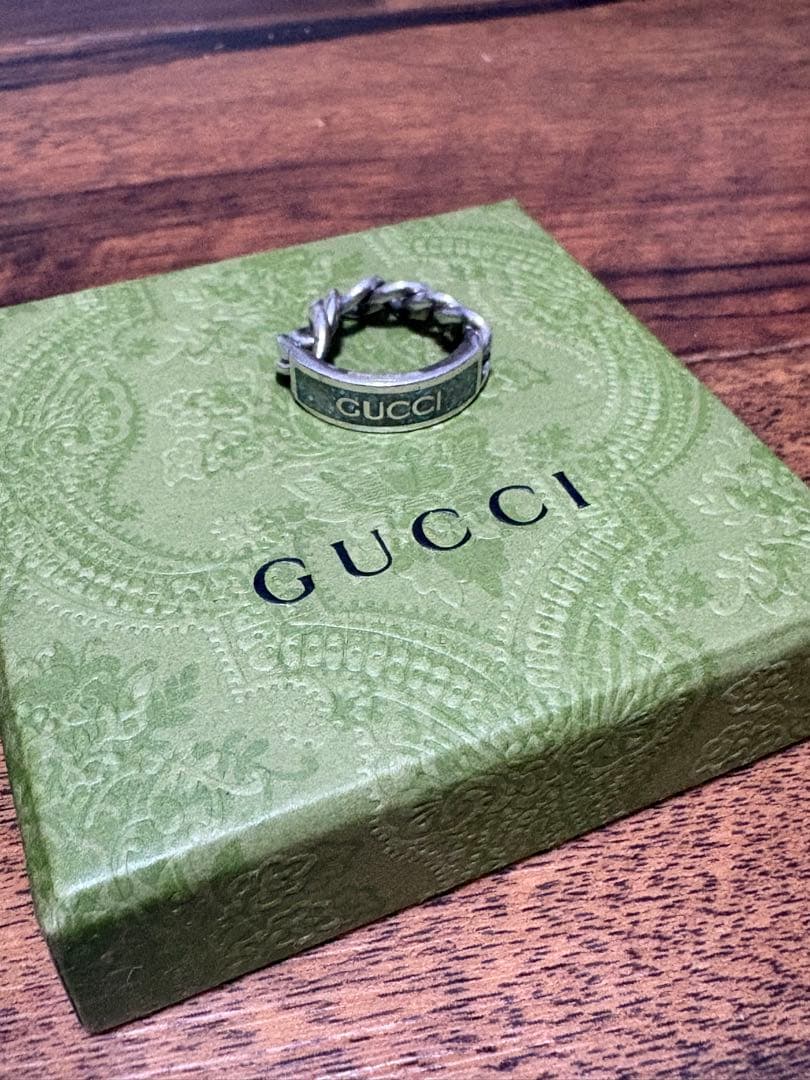 GUCCI シルバー チェーンリング ターコイズグリーンエナメルリング 17号