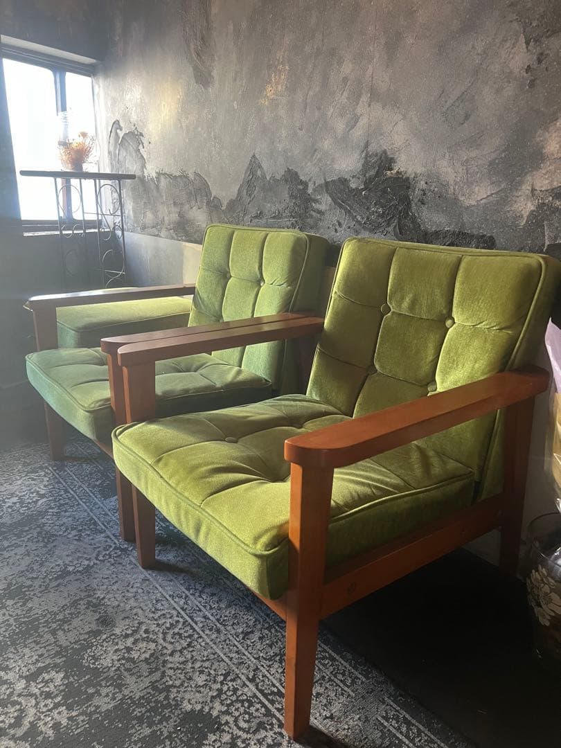 レトロ グリーンファブリック 1人掛けソファ