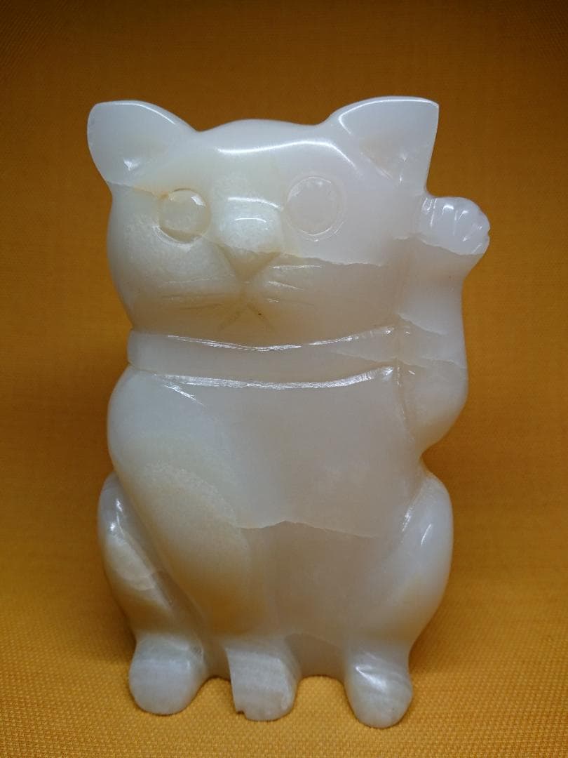 猫　招き猫　天然石　彫刻　オブジェ　置物　インテリア　工芸品　美術品　A3322