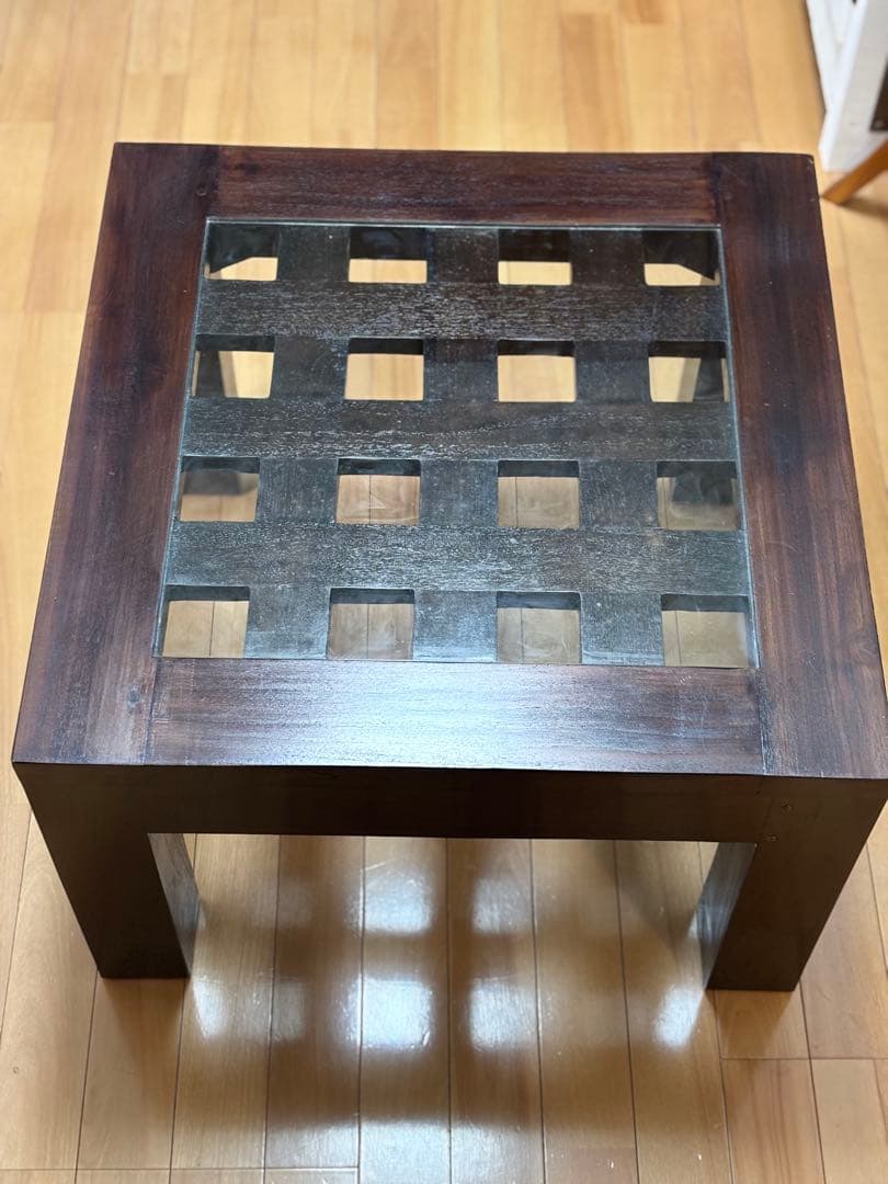 バリ島　チーク材　ガラストップテーブル