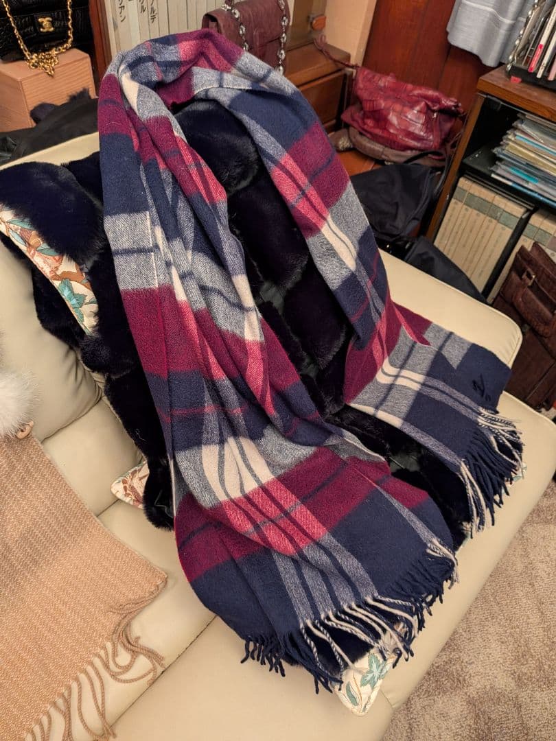 最高級ピュアカシミア大判ストール　170×60　チェック柄　百貨店購入