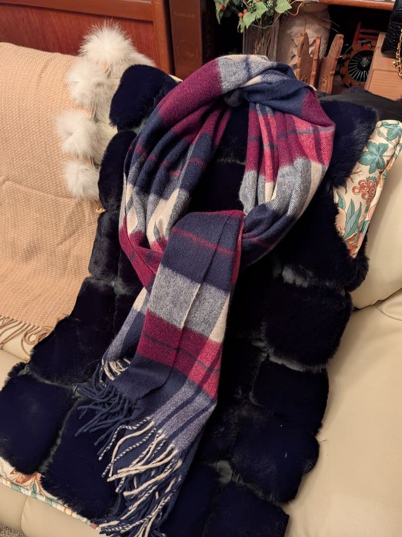 最高級ピュアカシミア大判ストール　170×60　チェック柄　百貨店購入