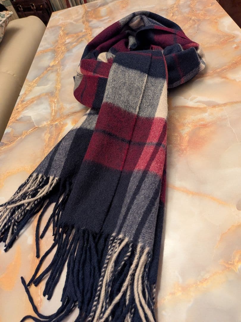 最高級ピュアカシミア大判ストール　170×60　チェック柄　百貨店購入