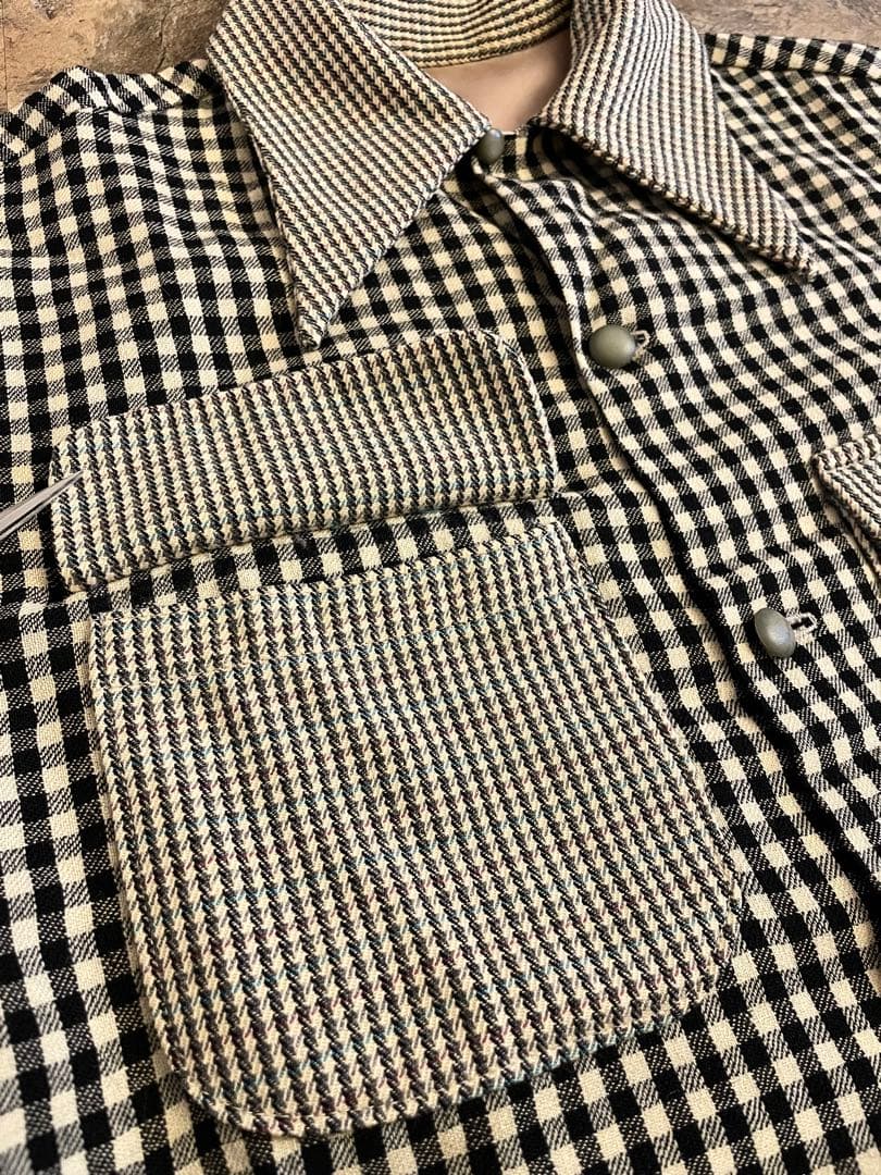 40s Vintage ウールオープンカラー クレイジーチェック ウール シャツ
