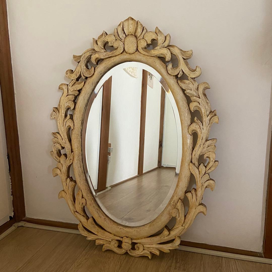 アンティーク　楕円形　壁掛け鏡　ミラー　彫刻