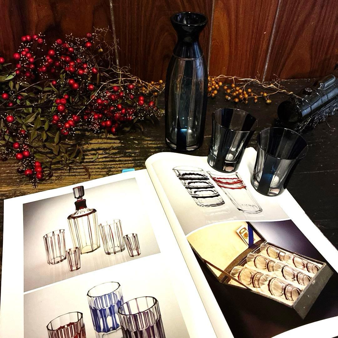 骨董　時代ガラス　希少　紺色被せ　縞　モダン切子　徳利　酒器　３点