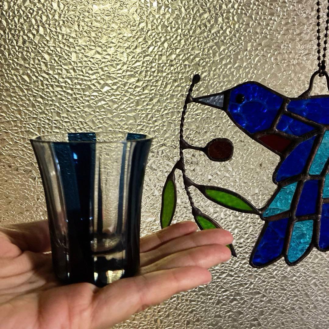 骨董　時代ガラス　希少　紺色被せ　縞　モダン切子　徳利　酒器　３点