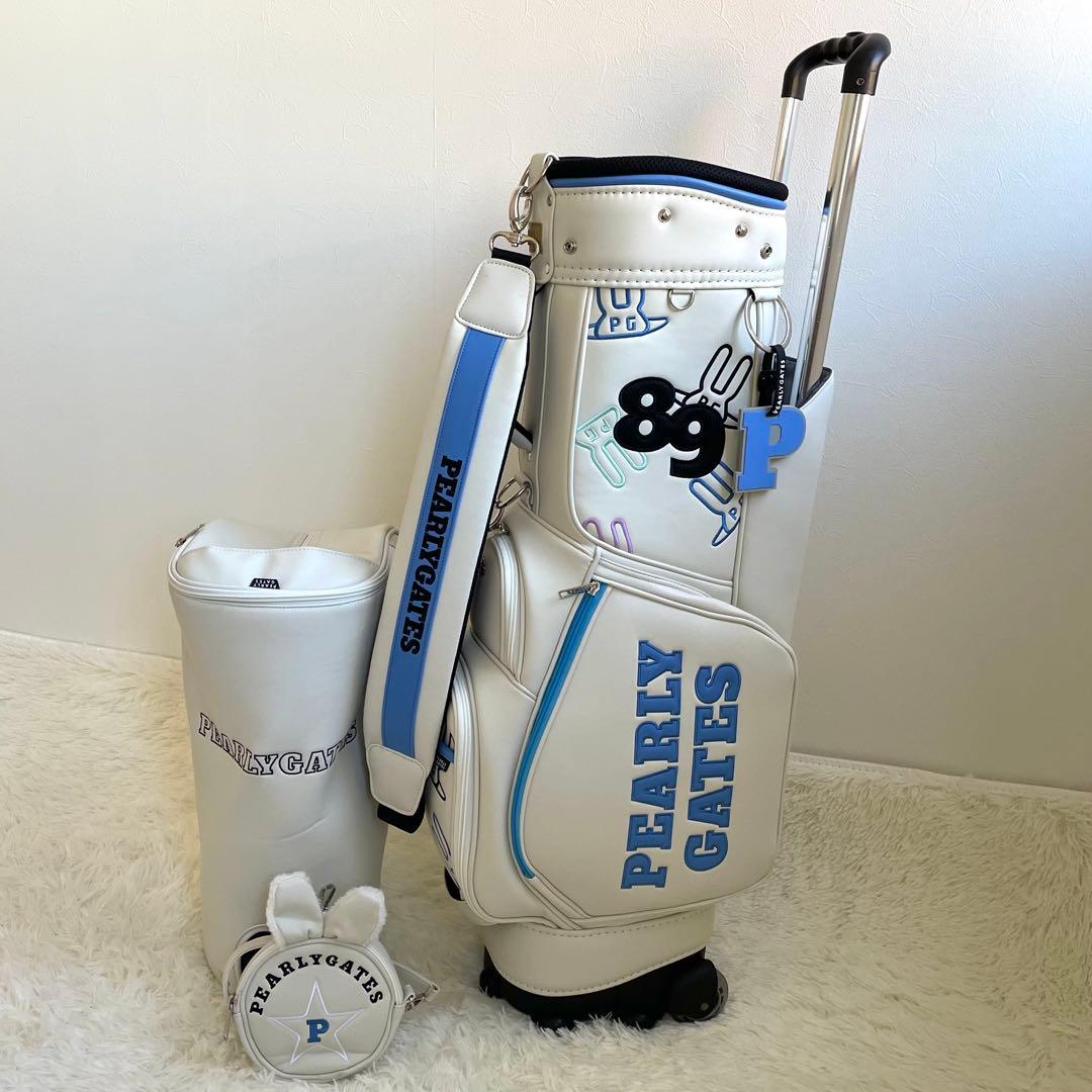 未使用 パーリーゲイツ キャスター付 キャディーバッグ 9型 専用ポーチ 白×青