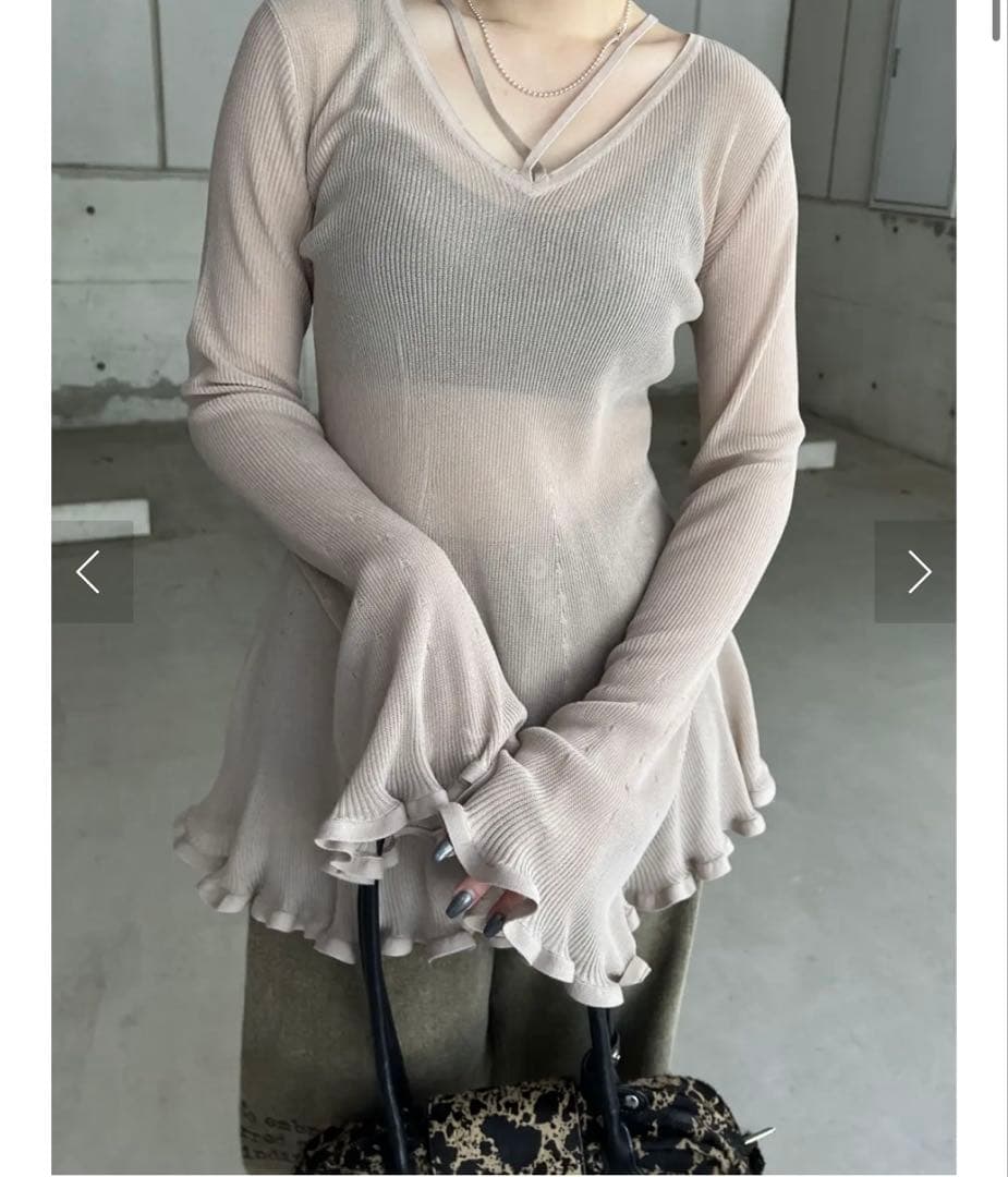 トップス SHEER FRILL V NECK KNIT TOP