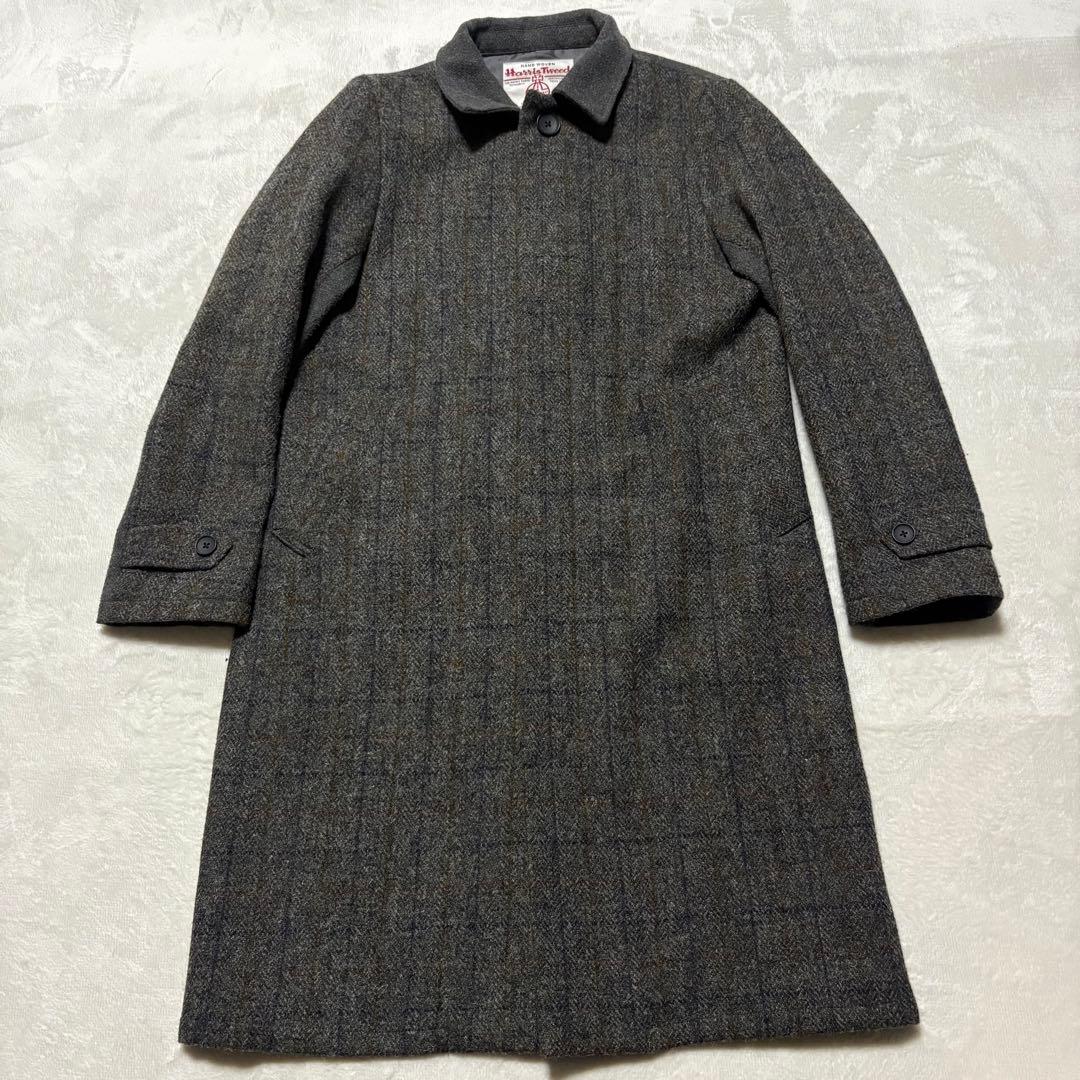 美品 ハリスツイード メンズ ステンカラー コート　M チェック ウール100%