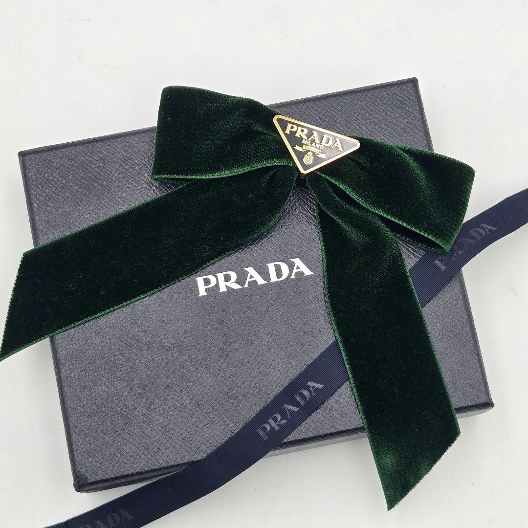 新品未使用 PRADA プラダ ヘアクリップ ロゴ リボン ベルベット 緑