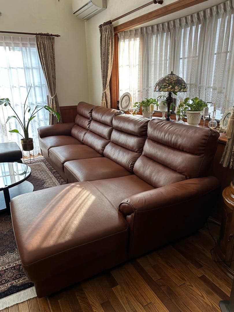 ブラウン L字型ソファ ４人掛け，PUレザー