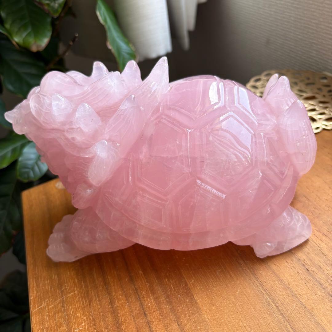 大型 高品質 マダガスカル産ローズクォーツ 龍亀（ロングイ） 置物2.45kg