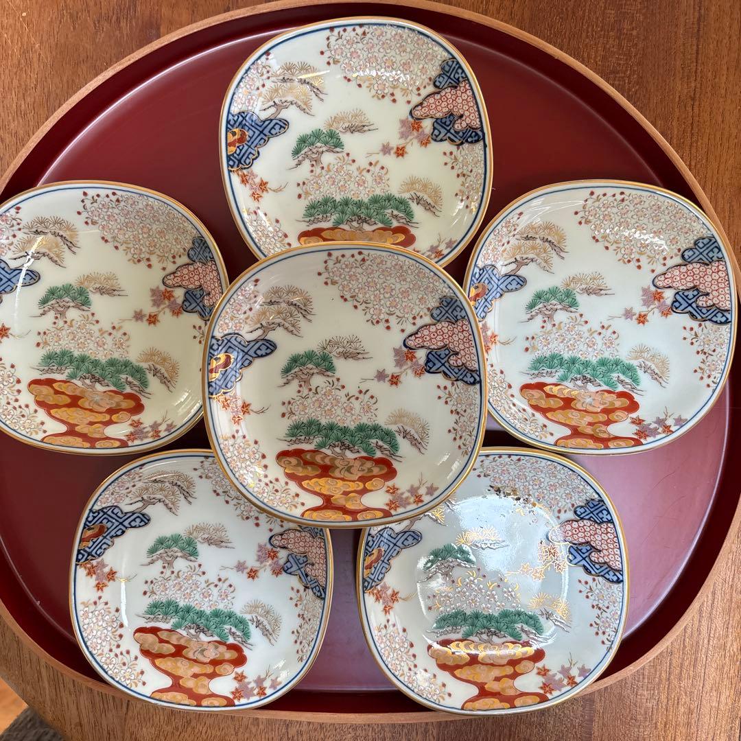 有田焼　賞美堂　其泉窯　春秋文　小皿揃　6枚セット　染錦　古伊万里　金彩　角皿