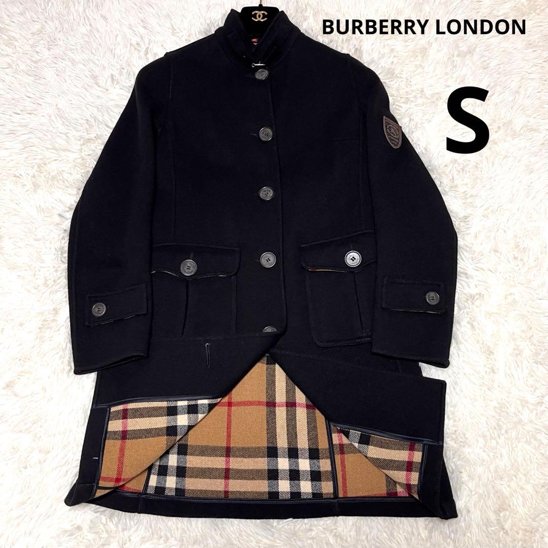 【美品】バーバリーロンドン ステンカラーコート ロング丈 メガチェック 黒 S