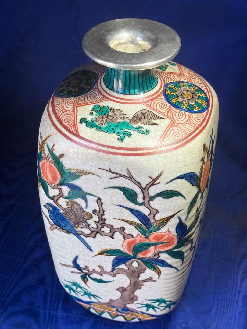 九谷焼　色絵花瓶　角福　花鳥図角型花瓶　銀修理品　レア　骨董品