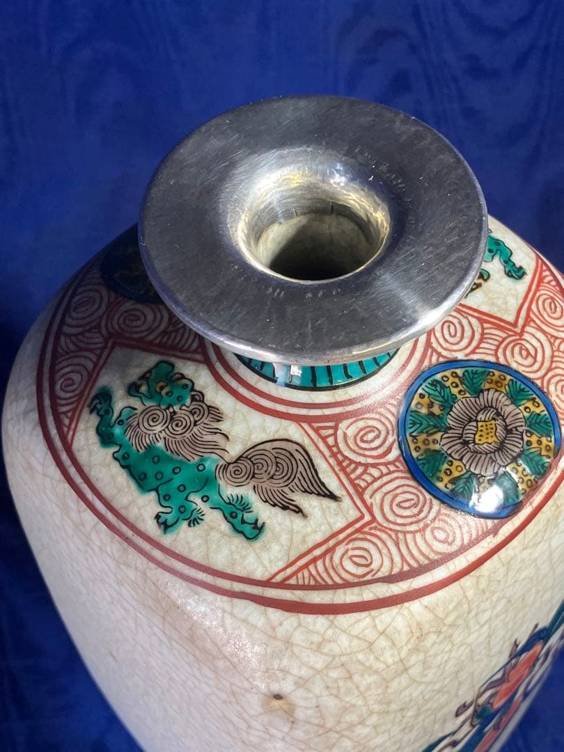 九谷焼　色絵花瓶　角福　花鳥図角型花瓶　銀修理品　レア　骨董品