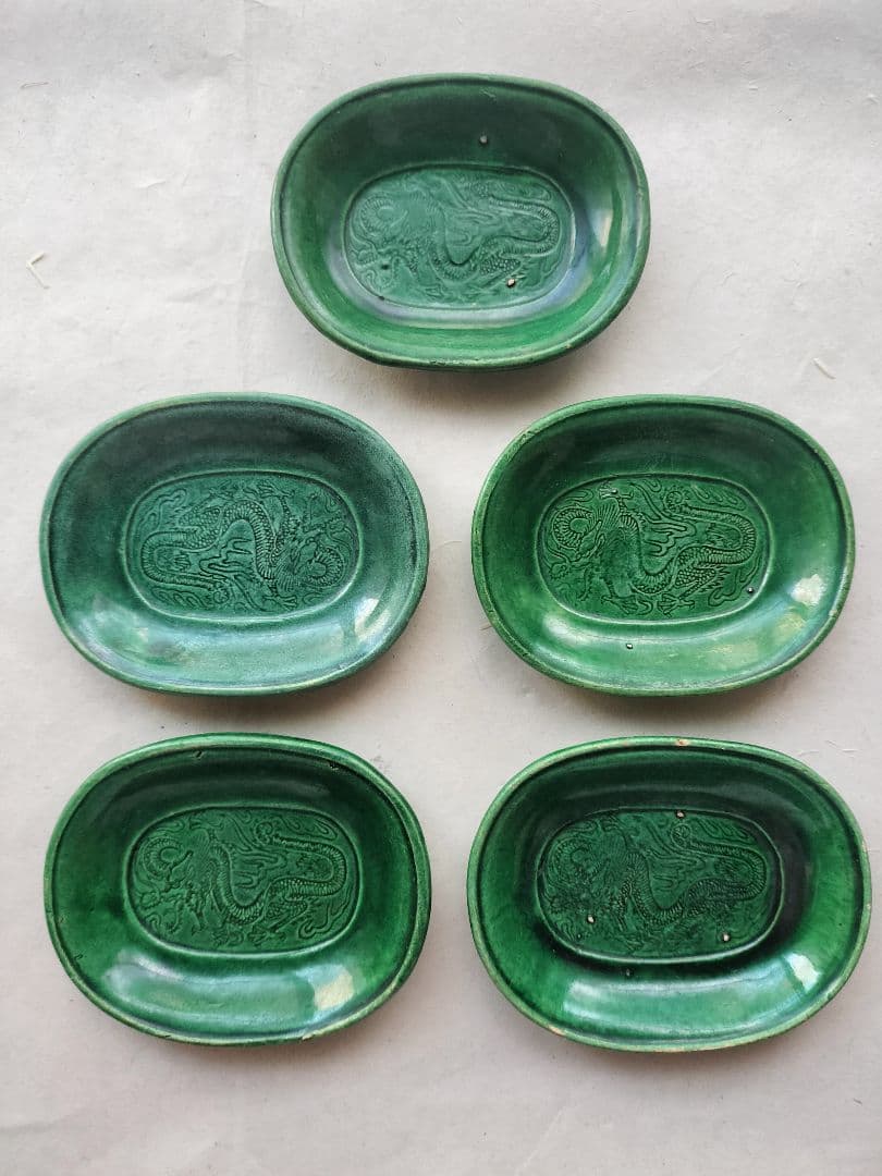 珉平焼｜５枚セット 龍文 小判型 小皿 オーバル 淡路