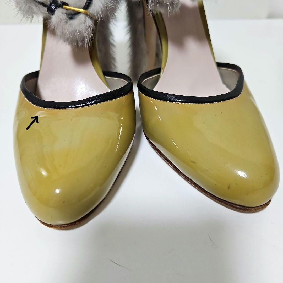 miumiu エナメル ファー付きアンクルストラップパンプス 36