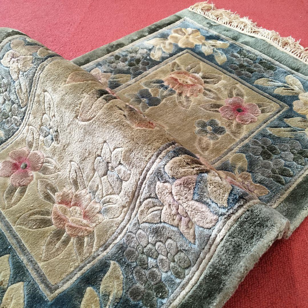 X227-2 中国緞通 北京緞通 シルク 手織り 絨毯 45×75cm