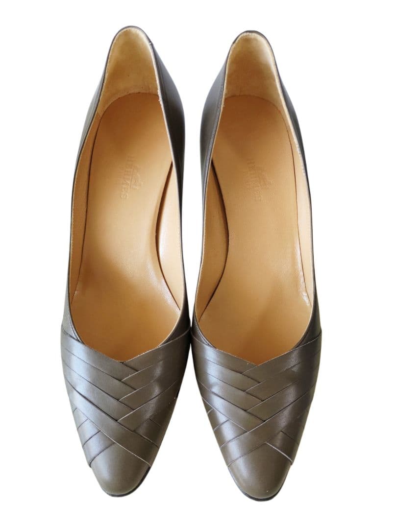 エルメス　HERMES パンプス　レザー　オリーブグリーン　ポインテッドトゥ