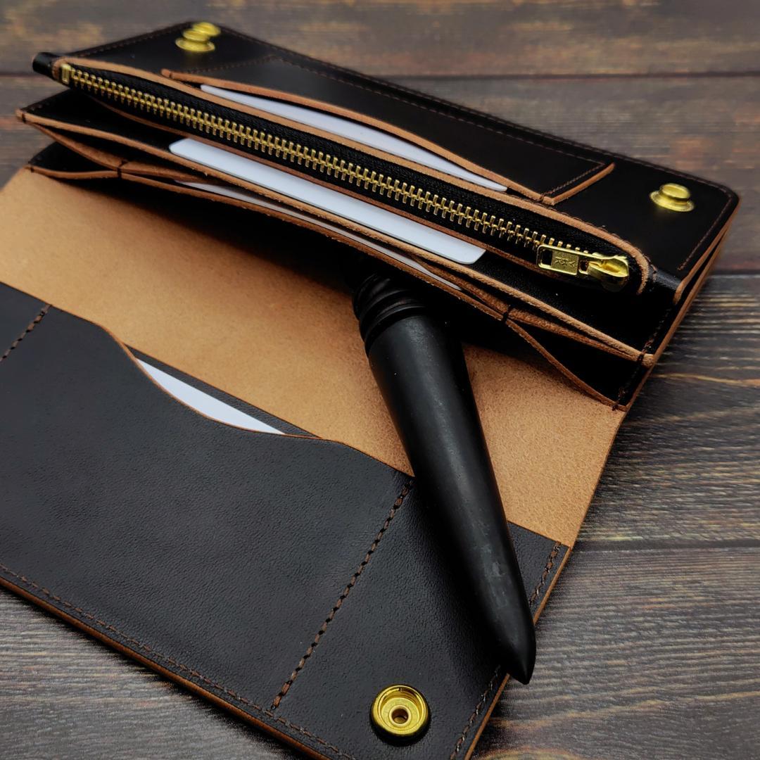 ロングトラッカーウォレット 栃木レザー ハンドメイド 本革 茶芯ブラック