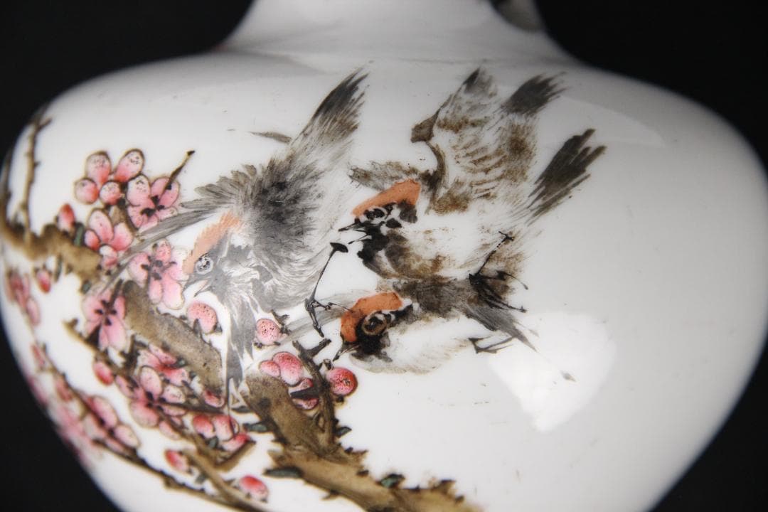 中国美術　仲南銘 民国 珠山八友 徐仲南 粉彩花鳥紋 花瓶 陶芸 FJM12-1