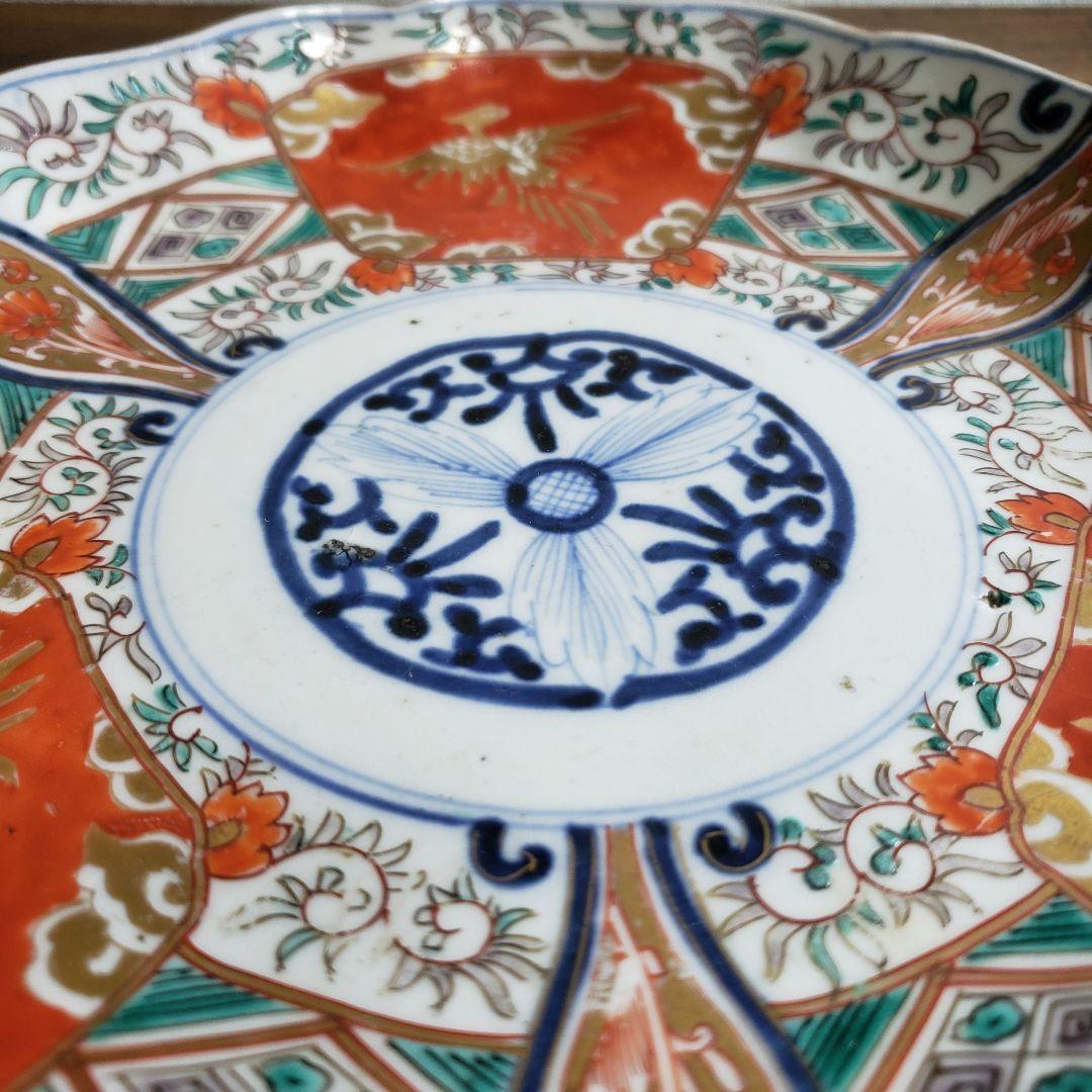 大皿　古伊万里　色絵付け　鳳凰　江戸　金継ぎ　漆直し　唐花草　7寸皿