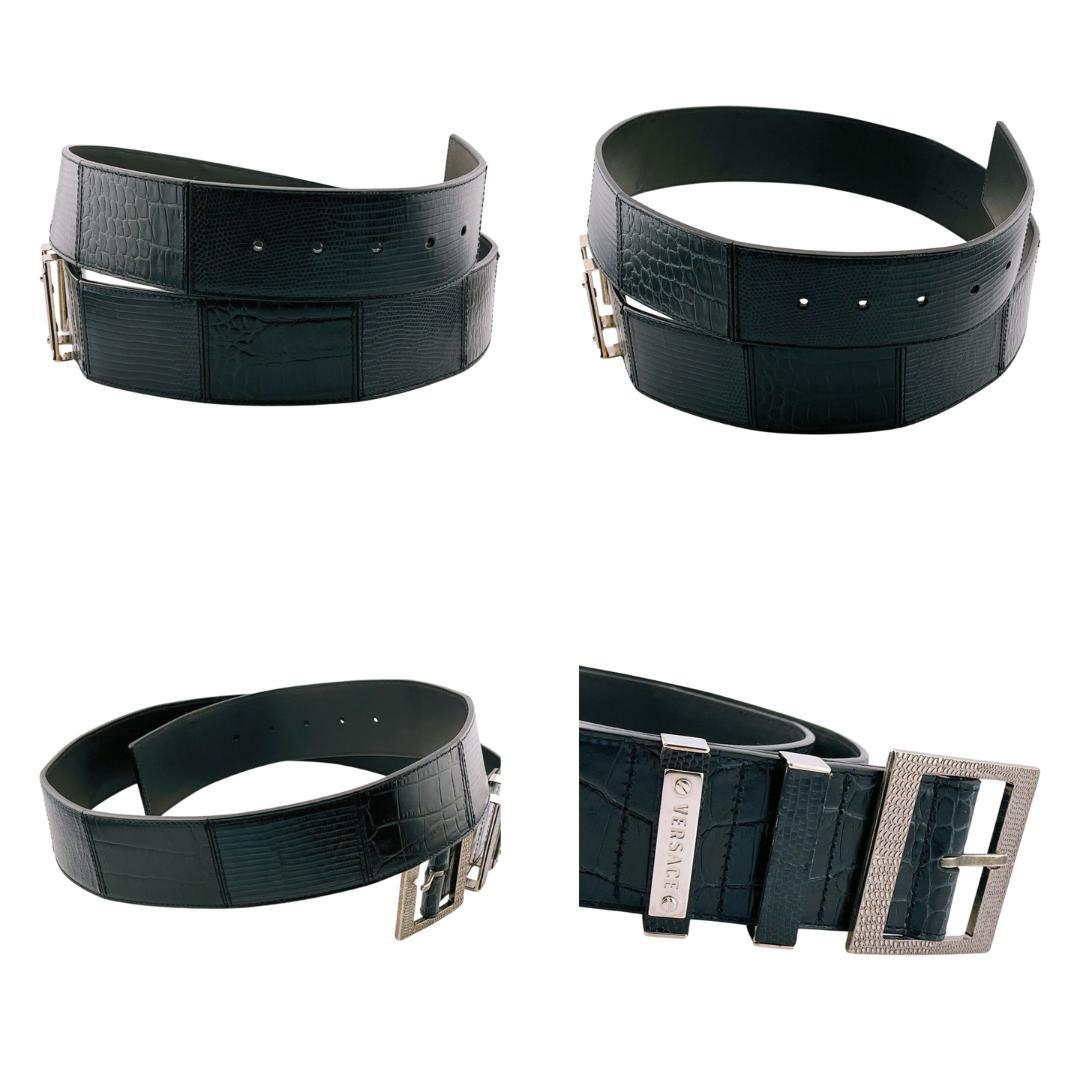 ヴェルサーチ レザーベルト クロコダイル型押し ブラック スクエアバックル