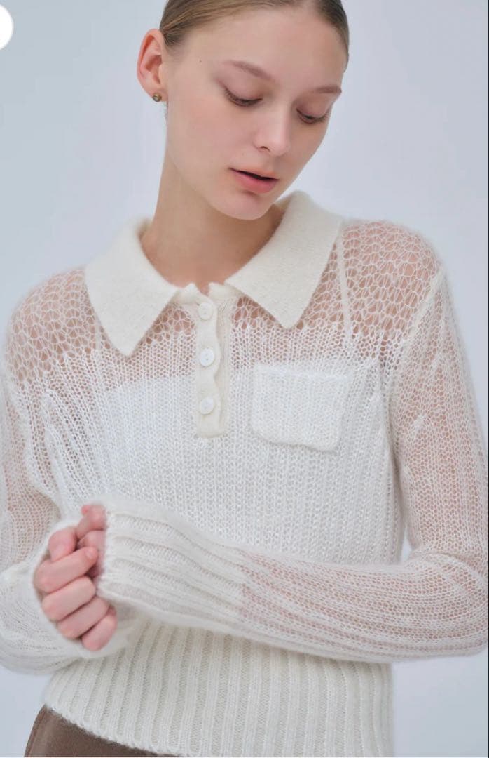トップス Sequin Sheer Polo Knit/laube blanc