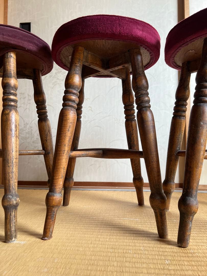 old maison アンティークチェア　スツール　丸椅子　木製＋布貼り　3脚