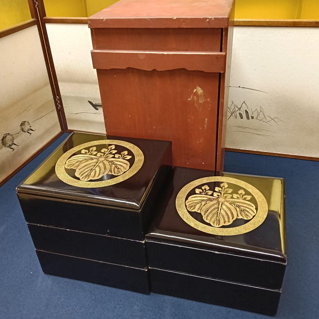 AOI 輪島塗 重箱 沈金 家紋 五七の桐紋 五段重 替蓋付 木箱入 木製漆塗