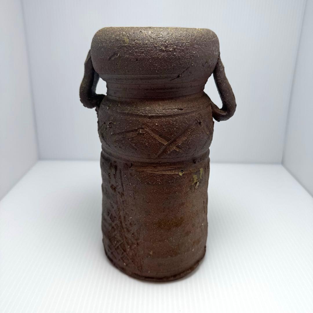 新品 越前焼 陶器 持ち手付き 花入 花瓶 花生 花器 伝統工芸 美術品 共箱