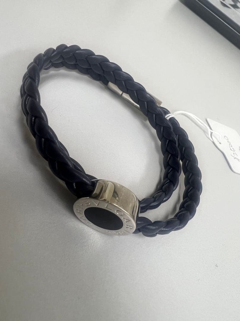 BULGARI ダークブルー 編み込みレザーブレスレット