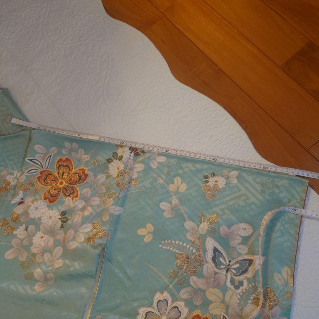 青緑色 花柄 振袖 絹製