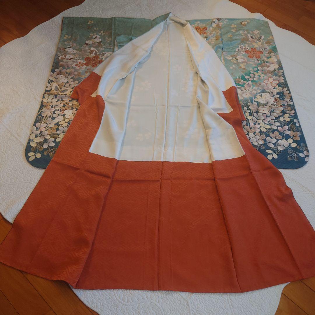 青緑色 花柄 振袖 絹製