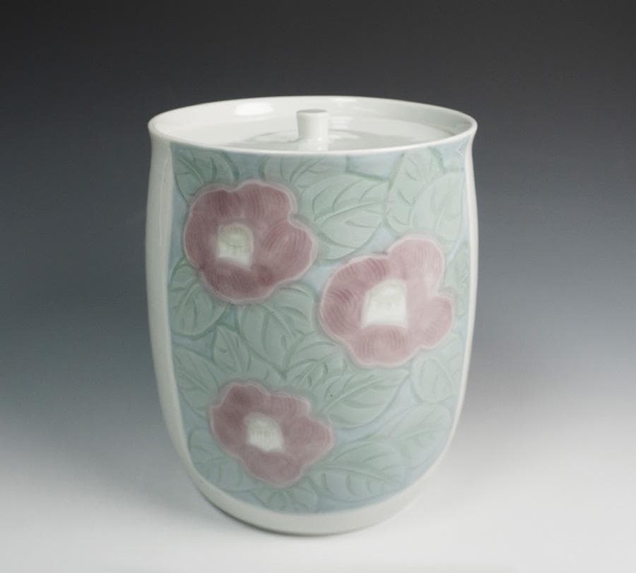 島田文雄 彩磁椿文水指 共箱 茶道具