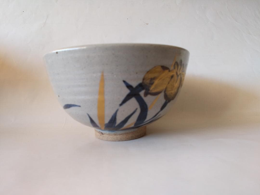 膳所焼 淡海ぜぜ 陽炎園 岩崎新定 金彩 菖蒲ノ絵 茶碗 共箱 共布 栞 美品