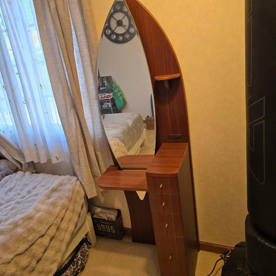 化粧台 サーフボード型 ライト付 収納 ミラー 全身鏡 寝室 メイ ドレッサー