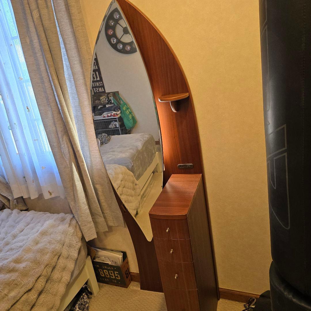 化粧台 サーフボード型 ライト付 収納 ミラー 全身鏡 寝室 メイ ドレッサー