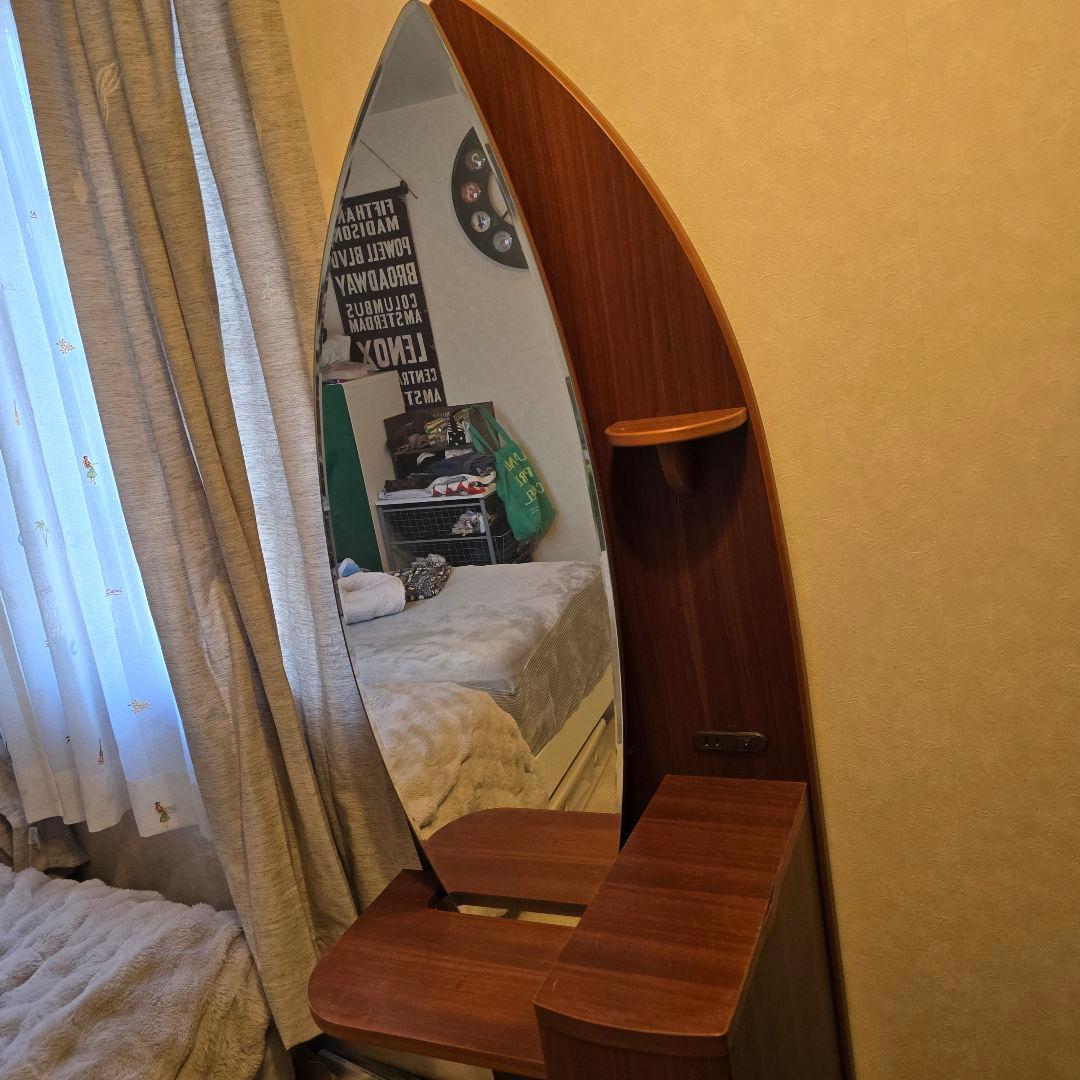 化粧台 サーフボード型 ライト付 収納 ミラー 全身鏡 寝室 メイ ドレッサー