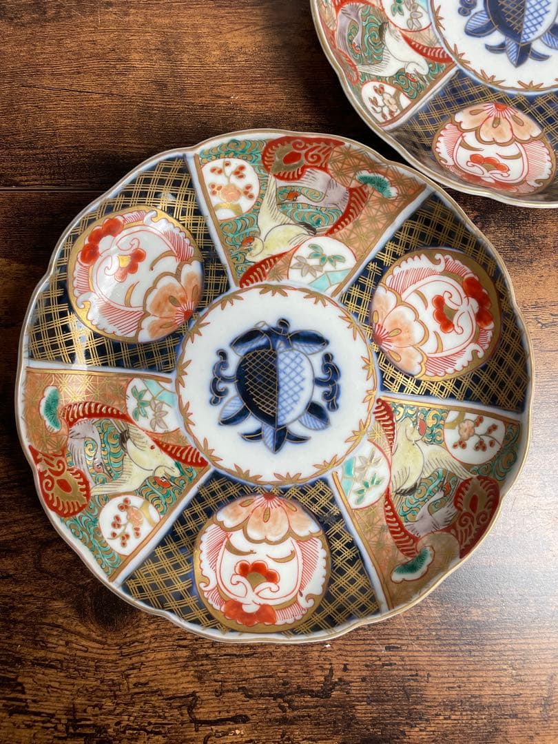 古伊万里 金蘭手柘榴図 七寸皿 二客　大皿/お皿/40/アンティーク