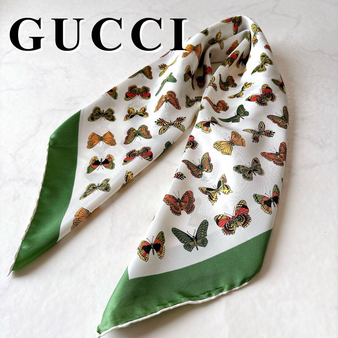 GUCCI ヴィンテージ スカーフ 蝶々 バタフライ 総柄 65cm 春