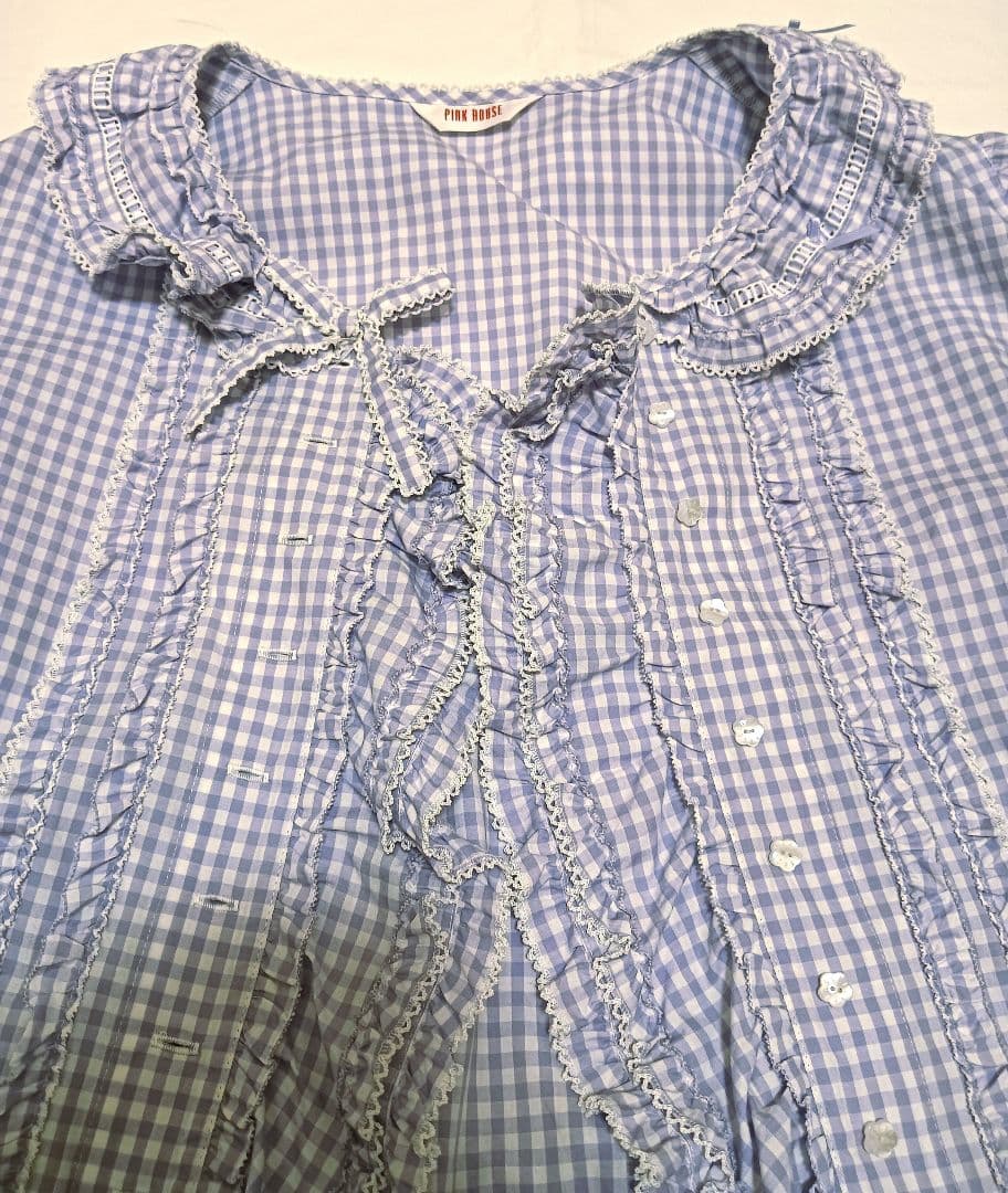 【タグ付き未使用】ピンクハウス パープル ギンガムチェック 半袖ブラウス