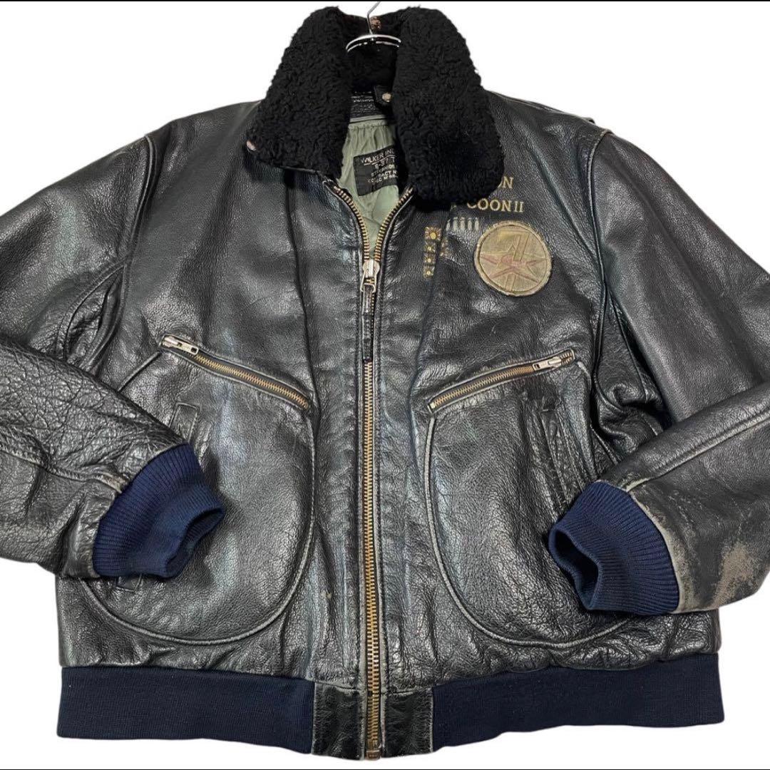 【vintage】B-37 本革リアルレザーフライトジャケット リブ切替 黒3L
