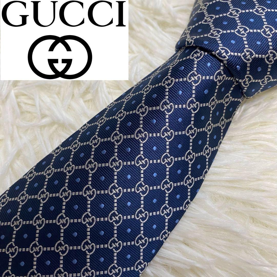 GUCCI グッチ 高級シルク ネクタイ GG柄 ネイビー 結婚式　成人式　ロゴ