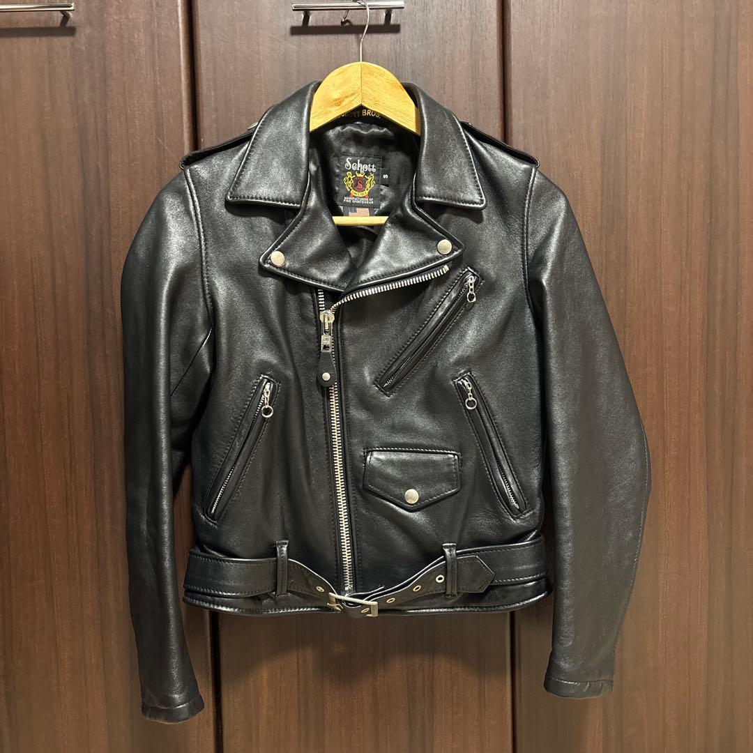 Schott ブラック レザー ダブルライダースジャケット S