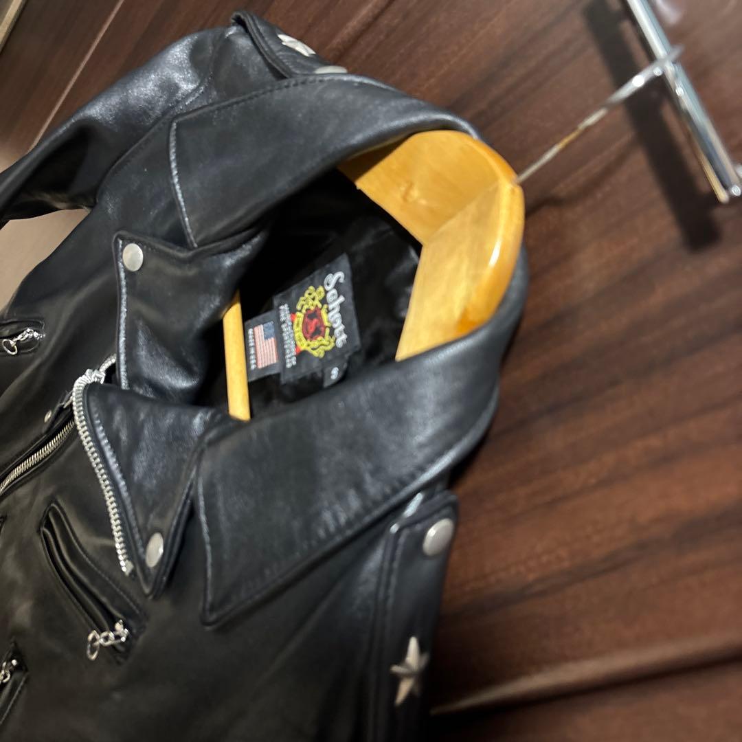 Schott ブラック レザー ダブルライダースジャケット S