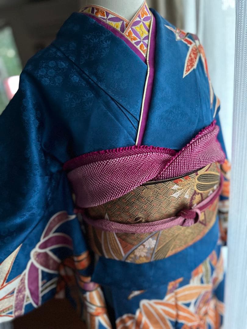 るう様専振袖フルセット ロイヤルブルー 竹笹模様 金駒刺繍